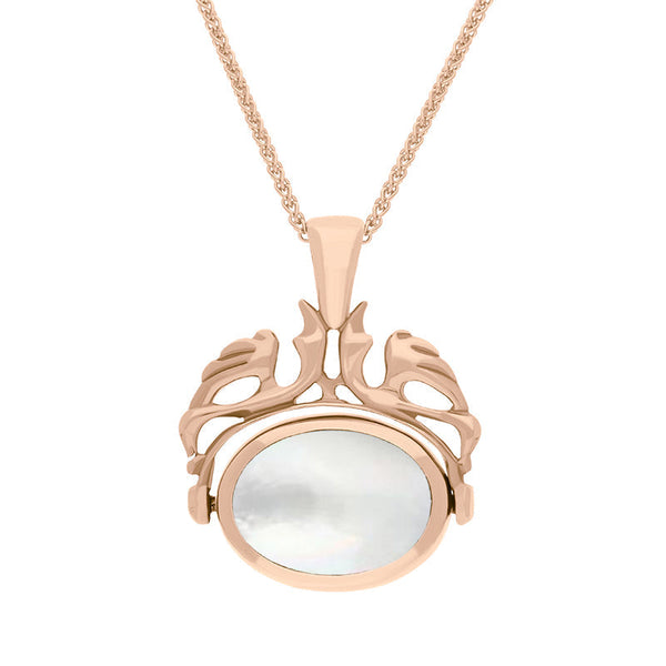 18ct Rose Gold Whitby Jet Mother Of Pearl Double Sided Oval Swivel Fob Necklace, P104_4.