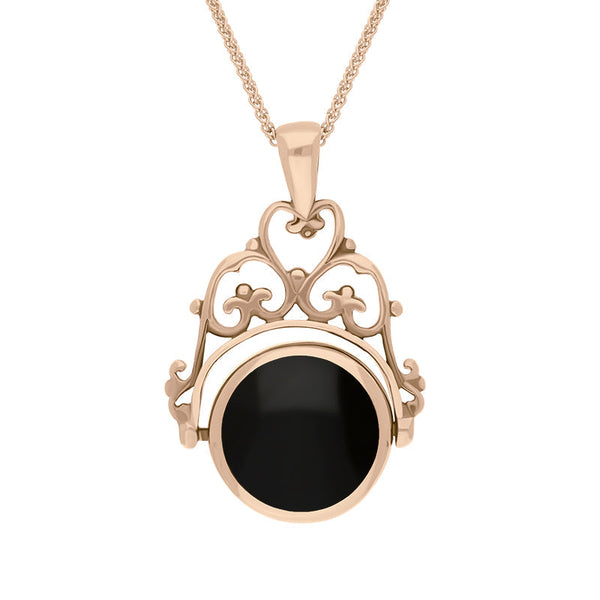 18ct Rose Gold Whitby Jet Mother Of Pearl Double Sided Round Swivel Fob Necklace, P110_2.