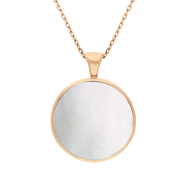 18ct Rose Gold Whitby Jet Mother Of Pearl Large Double Sided Round Fob Necklace, P012.
