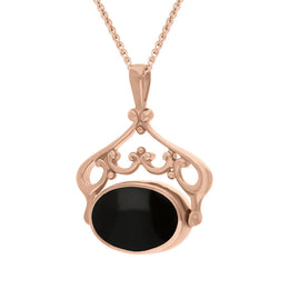 18ct Rose Gold Whitby Jet Mother Of Pearl Ornate Double Sided Oval Swivel Fob Necklace, P116_8_3.