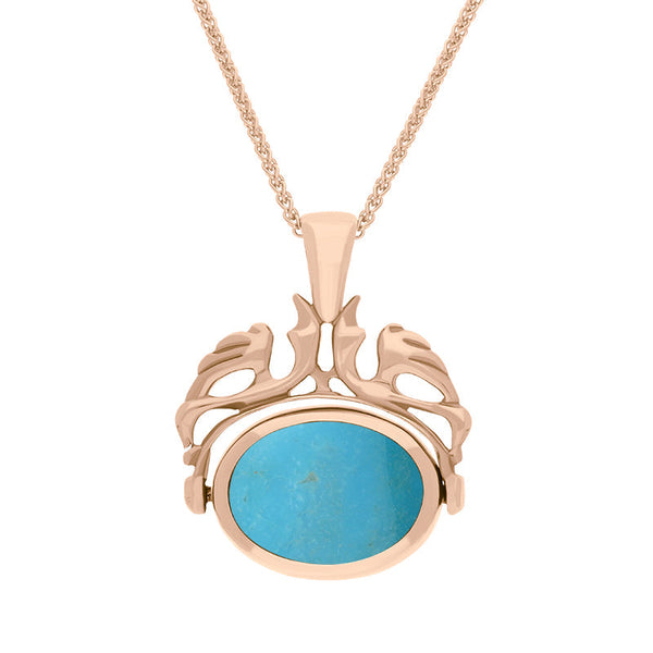 18ct Rose Gold Whitby Jet Turquoise Double Sided Oval Swivel Fob Necklace, P104_4.