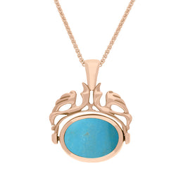 18ct Rose Gold Whitby Jet Turquoise Double Sided Oval Swivel Fob Necklace, P104_4.
