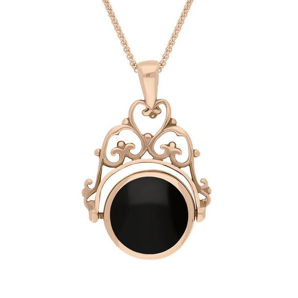 18ct Rose Gold Whitby Jet Turquoise Double Sided Round Swivel Fob Necklace, P110_2_2.