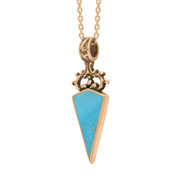 18ct Rose Gold Whitby Jet Turquoise Double Sided Scroll Top Dagger Fob Necklace, P423_3.