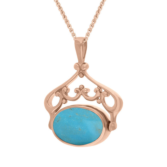 18ct Rose Gold Whitby Jet Turquoise Ornate Double Sided Oval Swivel Fob Necklace, P116_8_3.
