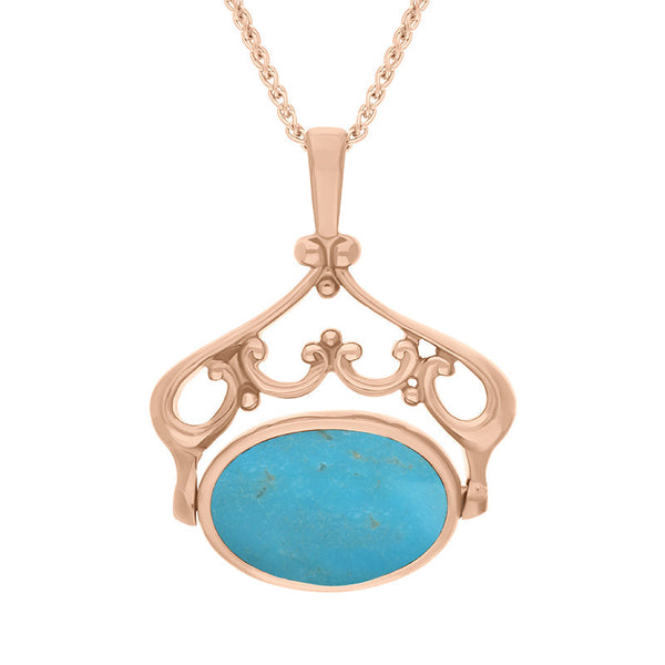 18ct Rose Gold Whitby Jet Turquoise Ornate Double Sided Oval Swivel Fob Necklace, P116_8.