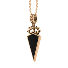 18ct Rose Gold Whitby Jet White Mother Of Pearl Double Sided Scroll Top Dagger Fob Necklace, P423_3.