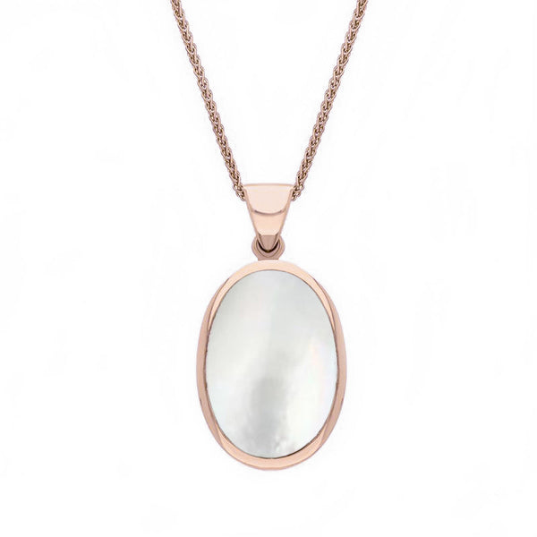 18ct Rose Gold Whitby Jet White Mother Of Pearl Small Double Sided Fob Necklace, P832.