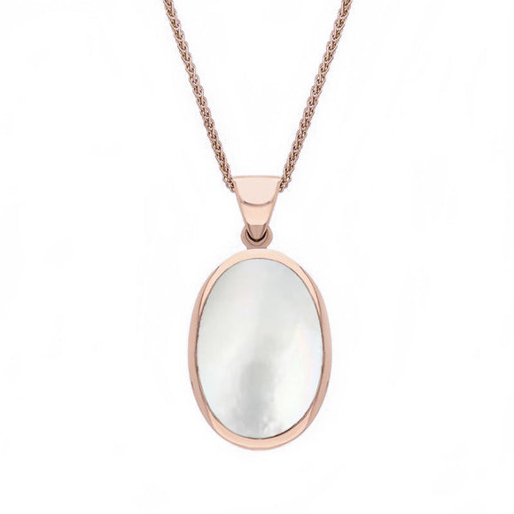18ct Rose Gold Whitby Jet White Mother Of Pearl Small Double Sided Fob Necklace, P832.
