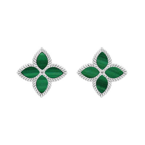 18ct White Gold Malachite Bloom Flower Ball Edge Stud Earrings E2602