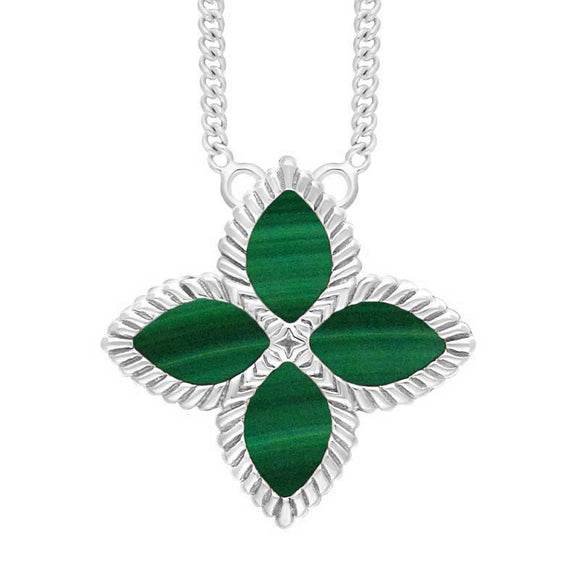 18ct White Gold Malachite Bloom Large Flower Ball Edge Necklace, N1156