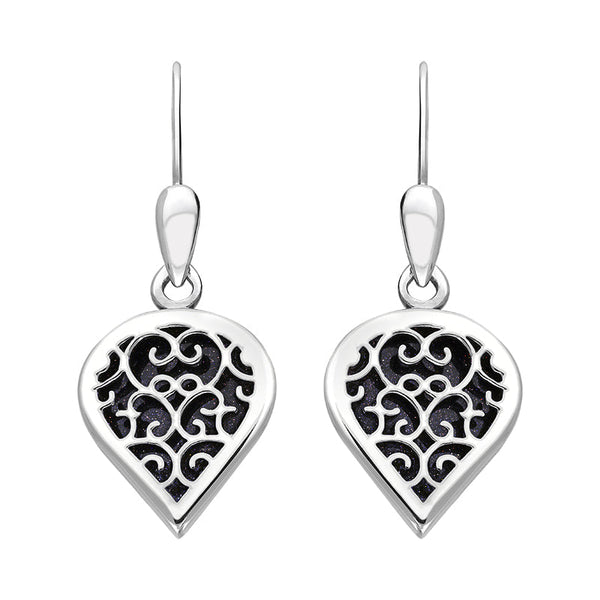 18ct White Gold Blue Goldstone Flore Filigree Heart Drop Earrings. E2588.