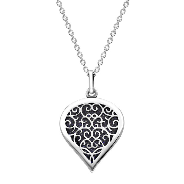 18ct White Gold Blue Goldstone Flore Filigree Medium Heart Necklace. P3630.