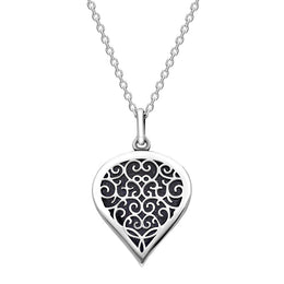 18ct White Gold Blue Goldstone Flore Filigree Medium Heart Necklace. P3630.
