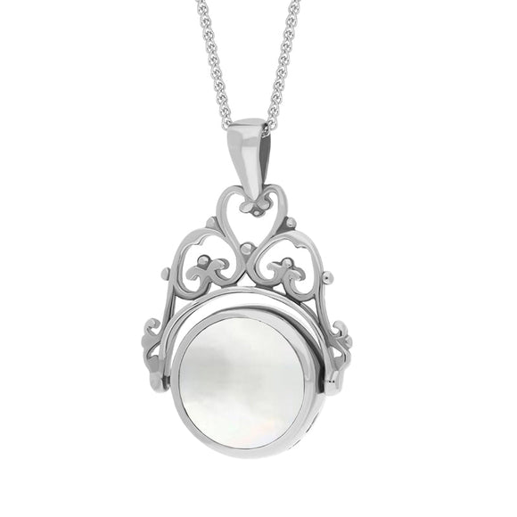 18ct White Gold Blue John Mother Of Pearl Double Sided Round Swivel Fob Necklace, P110_2_3.