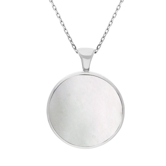 18ct White Gold Blue John Mother Of Pearl Large Double Sided Round Fob Necklace, P012_2.