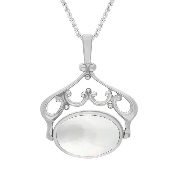 18ct White Gold Blue John Mother Of Pearl Ornate Double Sided Oval Swivel Fob Necklace, P116_8_2.