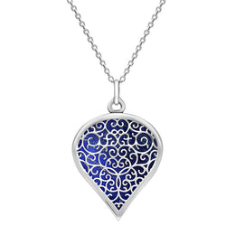 18ct White Gold Lapis Lazuli Flore Filigree Large Heart Necklace. P3631.