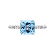 18ct White Gold Santa Maria Aquamarine Diamond Cushion Pave Should Ring