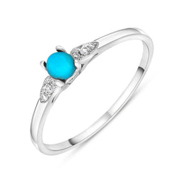 18ct White Gold Turquoise 0.05ct Diamond Milgrain Shoulder Ring, R1158.