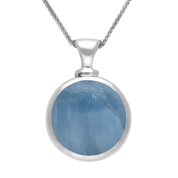 18ct White Gold Whitby Jet Aquamarine Double Sided Round Dinky Fob Necklace, P218.