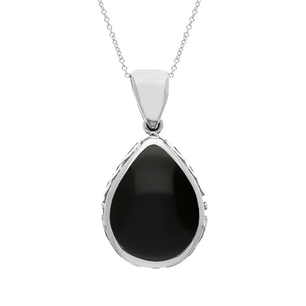 18ct White Gold Whitby Jet Blue John Double Sided Celtic Edge Pear Cut Fob Necklace, P410.