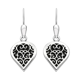 18ct White Gold Whitby Jet Flore Filigree Heart Drop Earrings. E2588.