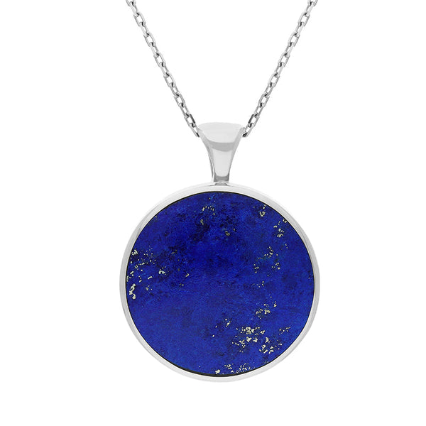 18ct White Gold Whitby Jet Lapis Lazuli Large Double Sided Round Fob Necklace, P012.