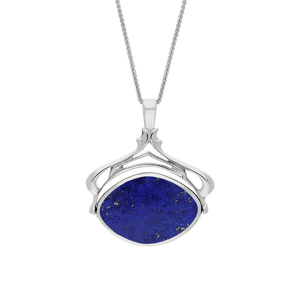 18ct White Gold Whitby Jet Lapis Lazuli Marquise Swivel Fob Necklace, P115_10.