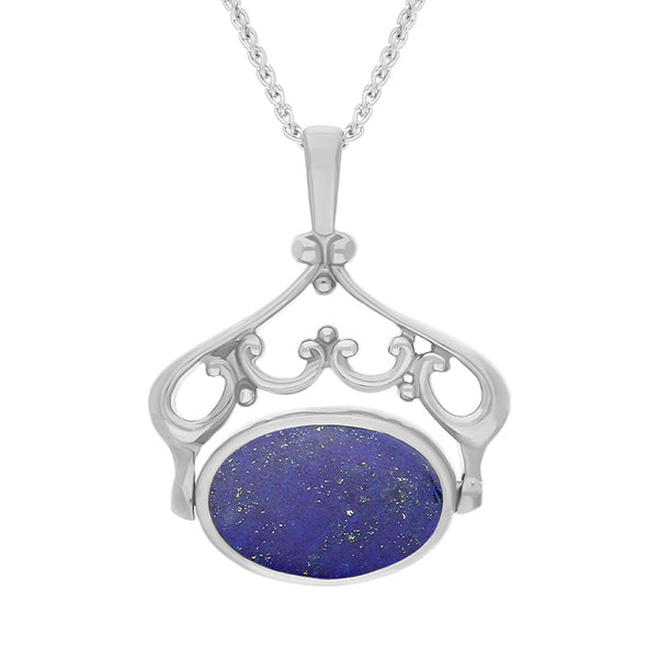18ct White Gold Whitby Jet Lapis Lazuli Ornate Double Sided Oval Swivel Fob Necklace, P116_8.