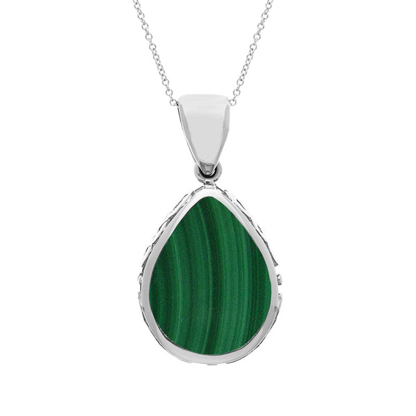 18ct White Gold Whitby Jet Malachite Double Sided Celtic Edge Pear Cut Fob Necklace, P410.