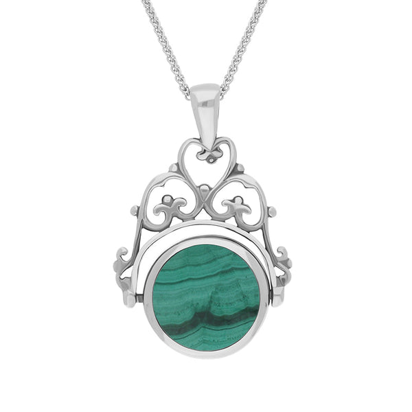 18ct White Gold Whitby Jet Malachite Double Sided Round Swivel Fob Necklace, P110_2.