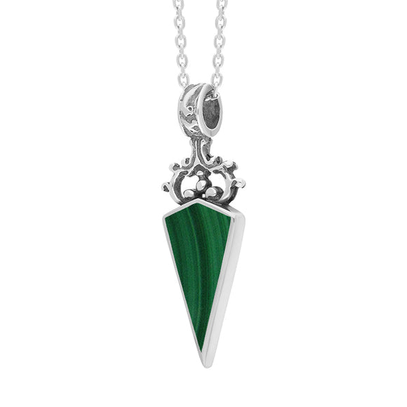 18ct White Gold Whitby Jet Malachite Double Sided Scroll Top Dagger Fob Necklace, P423_3.