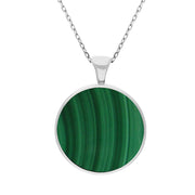18ct White Gold Whitby Jet Malachite Large Double Sided Round Fob Necklace, P012.