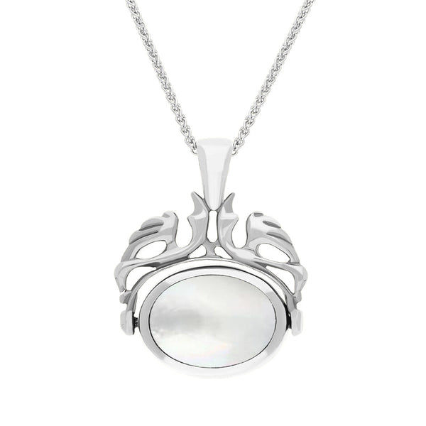 18ct White Gold Whitby Jet Mother Of Pearl Double Sided Oval Swivel Fob Necklace, P104_4.