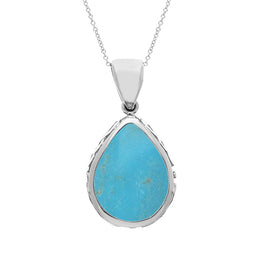 18ct White Gold Whitby Jet Turquoise Double Sided Celtic Edge Pear Cut Fob Necklace, P410.
