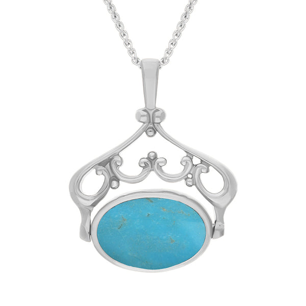 18ct White Gold Whitby Jet Turquoise Ornate Double Sided Oval Swivel Fob Necklace, P116_8.