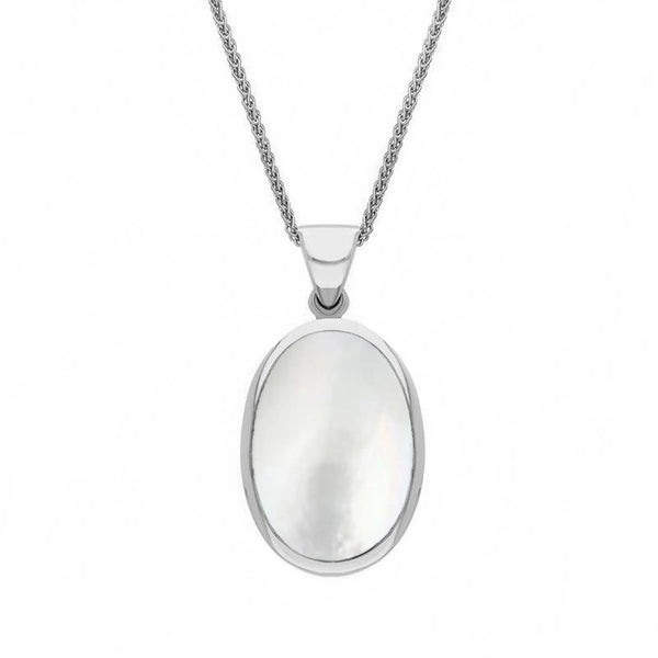 18ct White Gold Whitby Jet White Mother Of Pearl Small Double Sided Fob Necklace, P832.