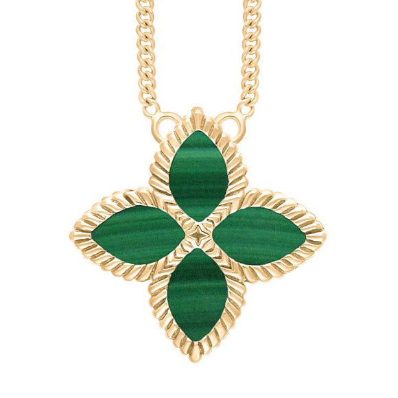 9ct Yellow Gold Malachite Bloom Large Flower Ball Edge Necklace, N1156