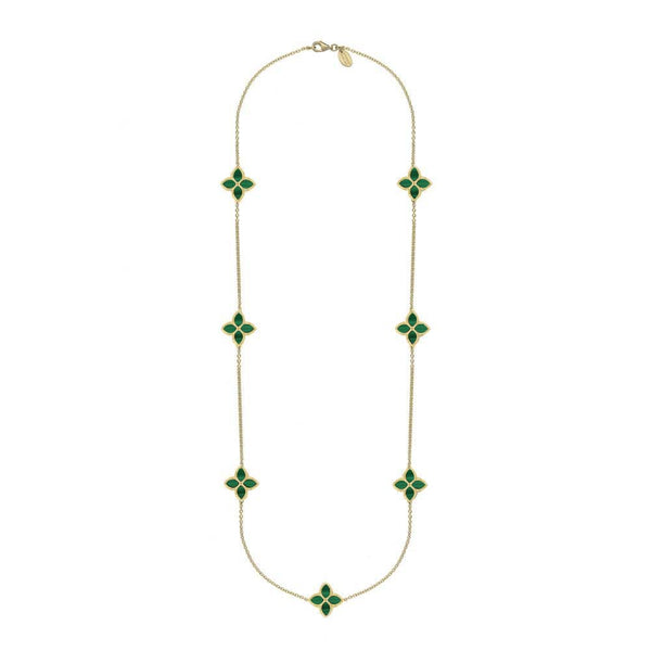 18ct Yellow Gold Malachite Bloom Long Flower Ball Edge Necklace, N1157