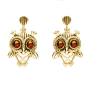 18ct Yellow Gold Amber Orange Owl Stud Earrings E2329