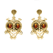 18ct Yellow Gold Amber Orange Owl Stud Earrings E2329