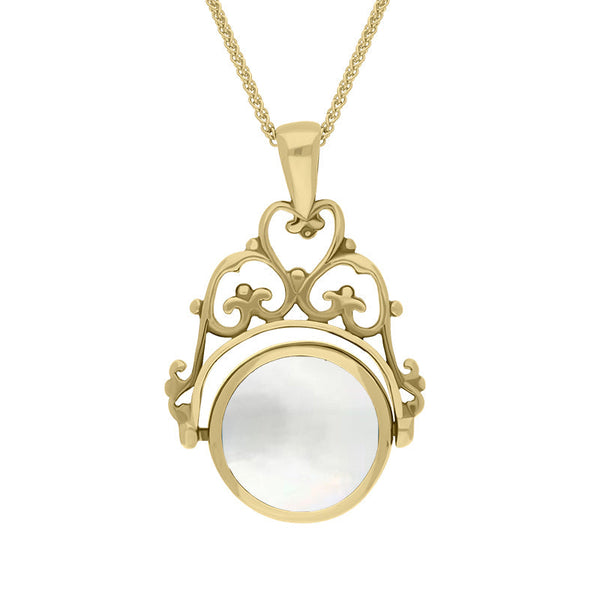 18ct Yellow Gold Blue John Mother Of Pearl Double Sided Round Swivel Fob Necklace, P110_2.