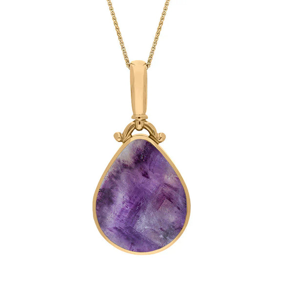 18ct Yellow Gold Blue John Whitby Jet Double Sided Pear Fob Necklace, P056_2.