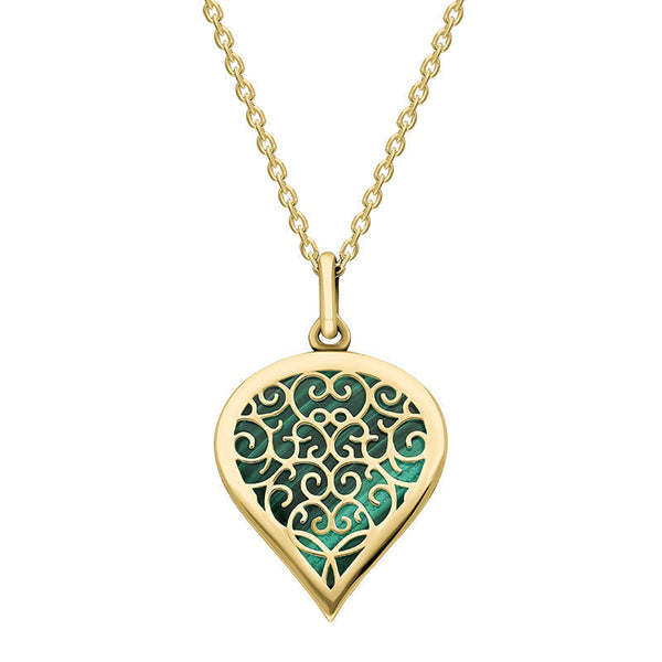 18ct Yellow Gold Malachite Flore Filigree Medium Heart Necklace. P3630.