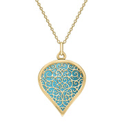 18ct Yellow Gold Turquoise Flore Filigree Large Heart Necklace. P3631.