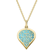18ct Yellow Gold Turquoise Flore Filigree Medium Heart Necklace. P3630.