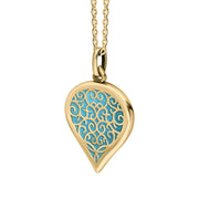 18ct Yellow Gold Turquoise Flore Filigree Medium Heart Necklace. P3630._2