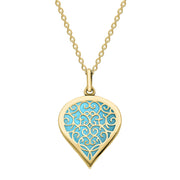 18ct Yellow Gold Turquoise Flore Filigree Medium Heart Necklace. P3630.