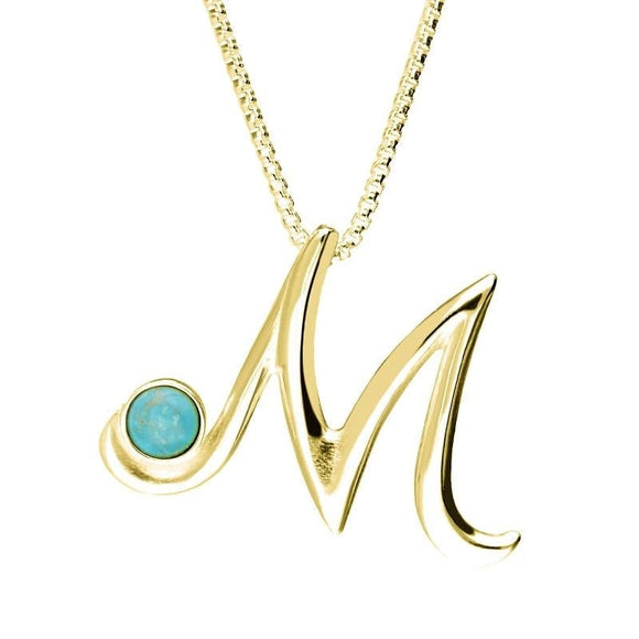 18ct Yellow Gold Turquoise Love Letters Initial M Necklace, P3460.
